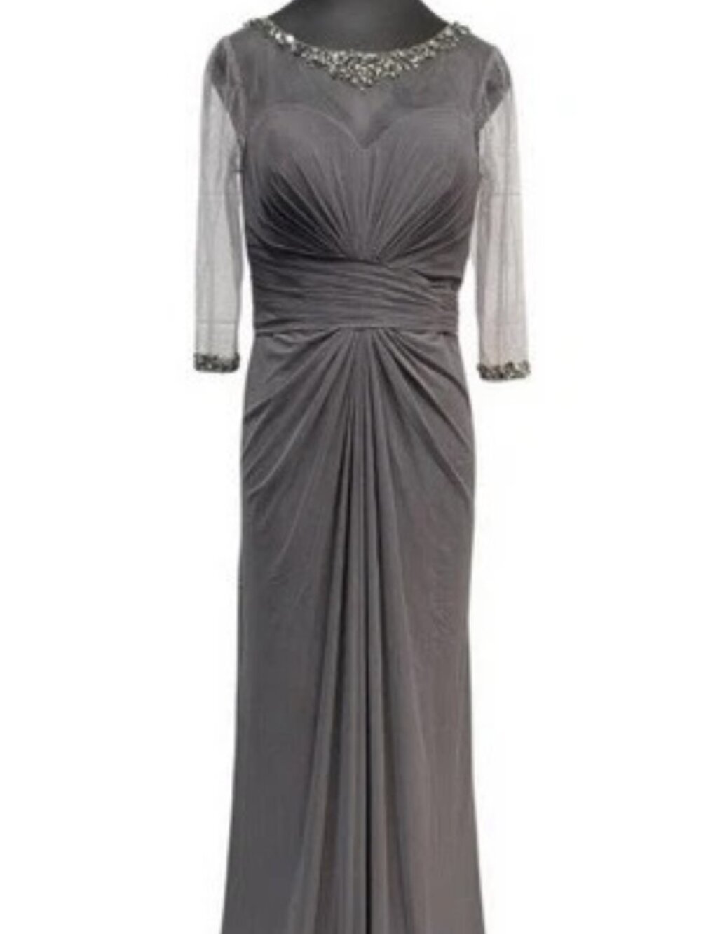 Rina Di Montella Pewter Gray Beaded Illusion Mesh Jersey Gown